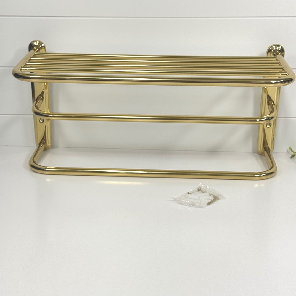 Vintage Laquered Brass Hotel Style Wall Mount Towel Rack Shelf 21.5" across